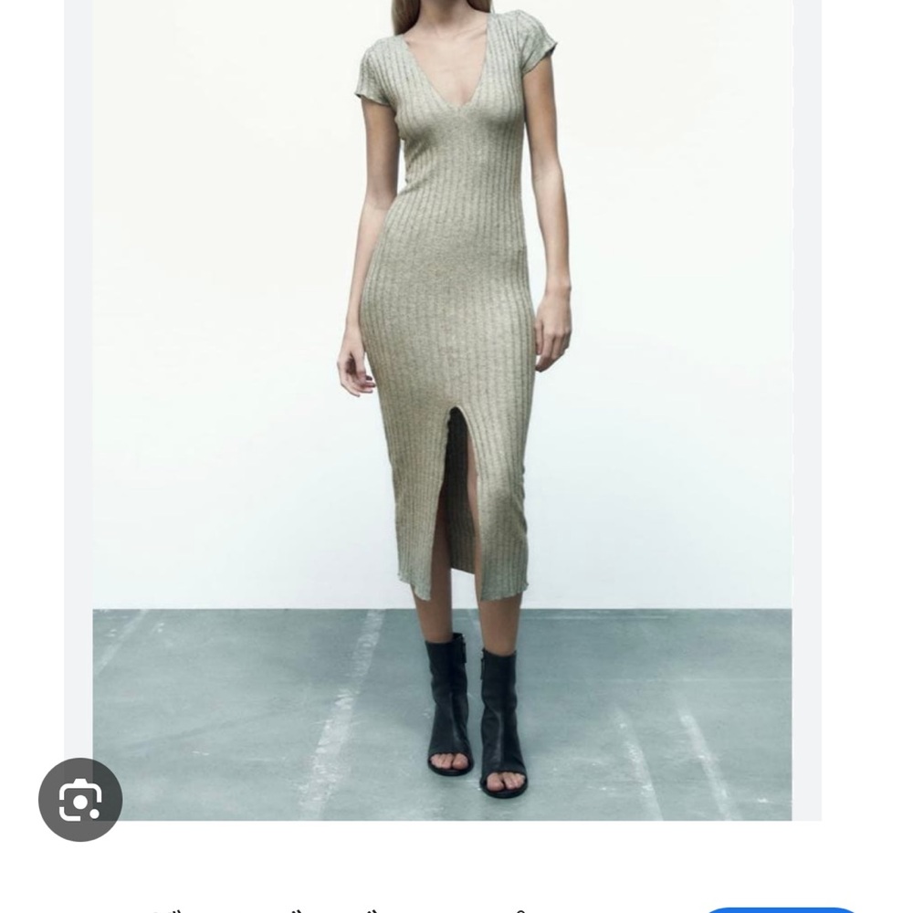 ZARA • ribbed knit midi beige/green dress size S